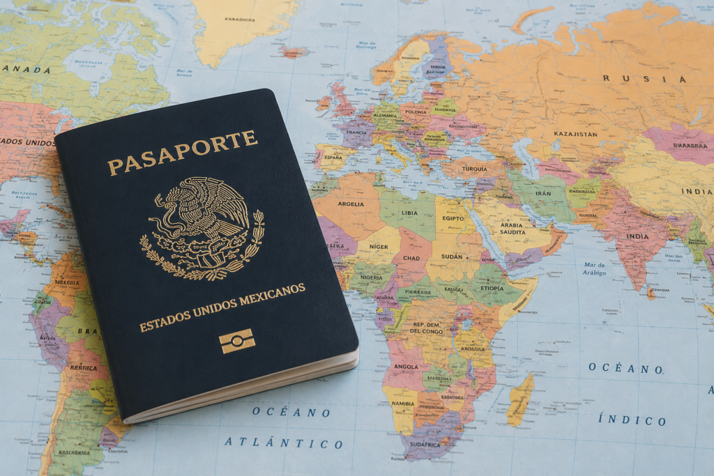 Mapa del mundo, arriba de el esta un pasaporte